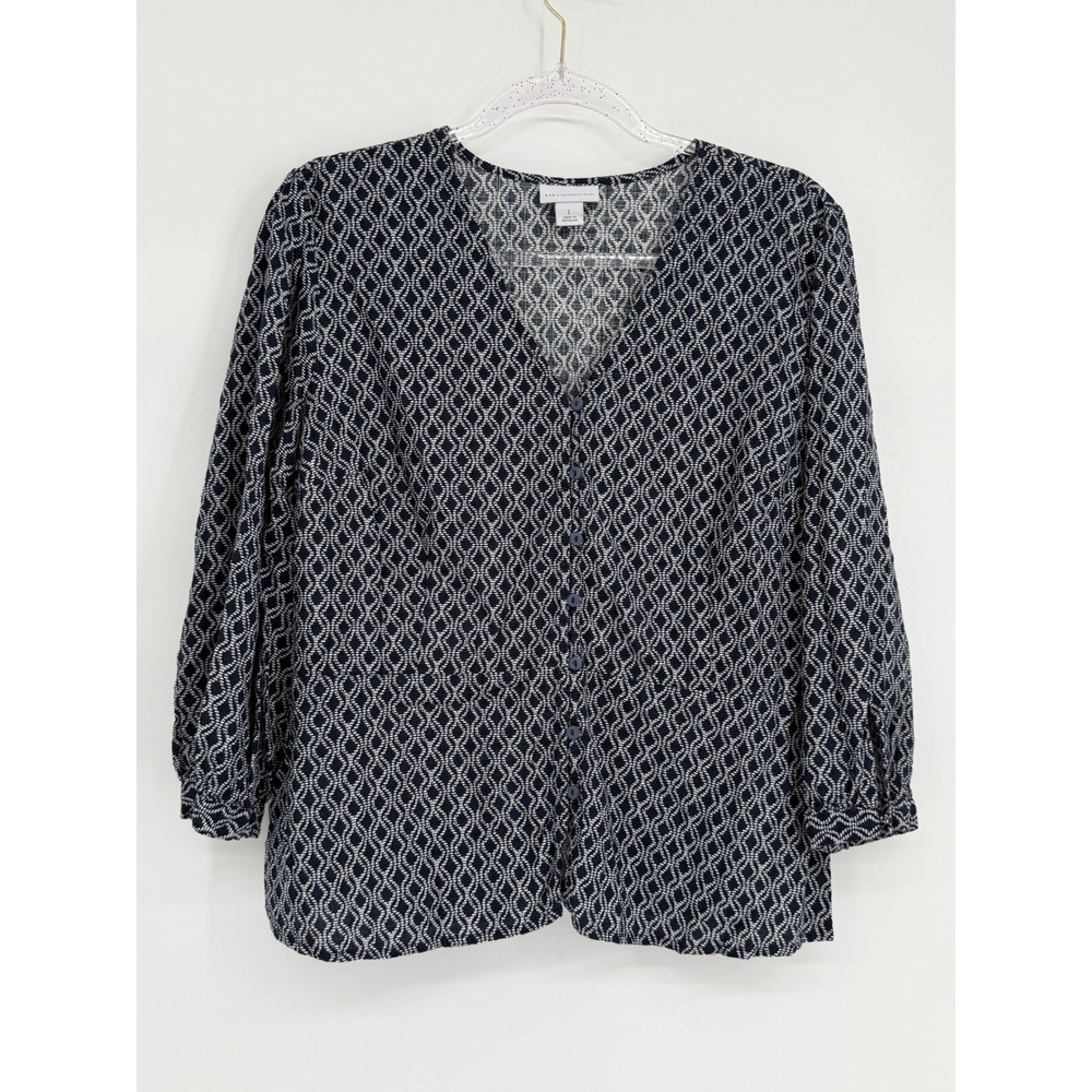 Liz Claiborne Navy Blue White Geometric Diamond Button Front V-Neck Blouse Sz L